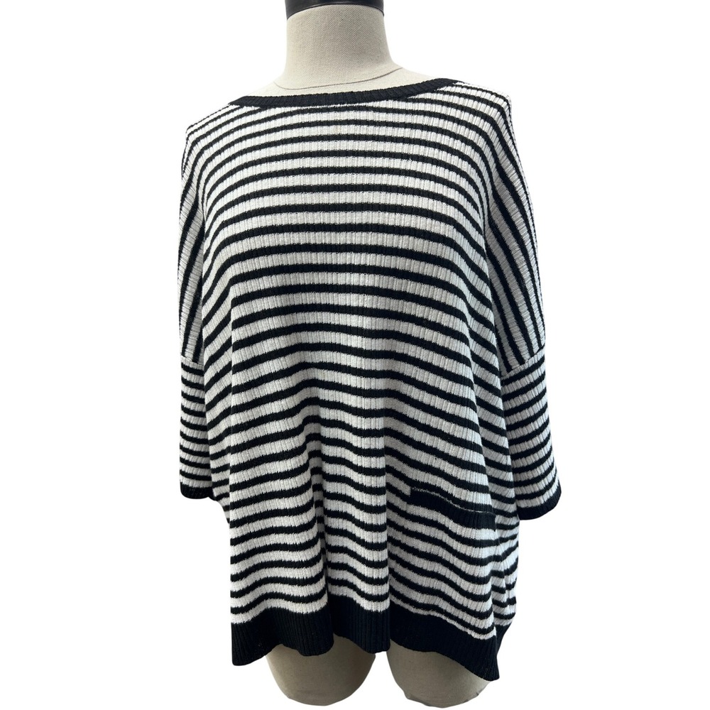 Eileen Fisher Knit Top Womens S/P Black White Excellent Organic Linen Striped
